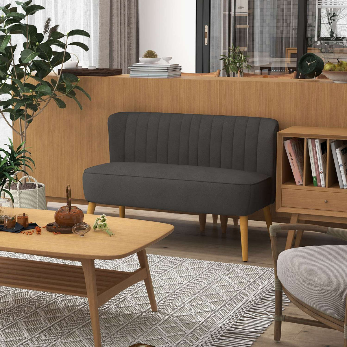 2-seater sofa two-seater loveseat with linen look, double sofa, wooden legs, up to 150 kg, dark gray, 117 x 56.5 x 77 cm