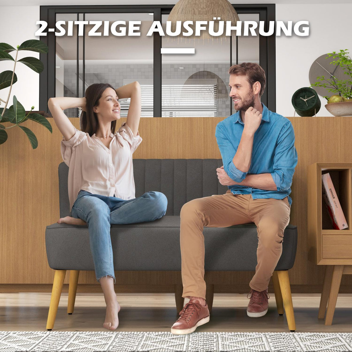 2-seater sofa two-seater loveseat with linen look, double sofa, wooden legs, up to 150 kg, dark gray, 117 x 56.5 x 77 cm