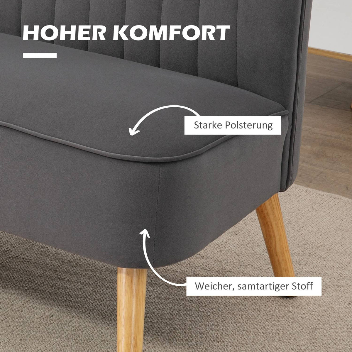 2-seater sofa two-seater loveseat with linen look, double sofa, wooden legs, up to 150 kg, dark gray, 117 x 56.5 x 77 cm