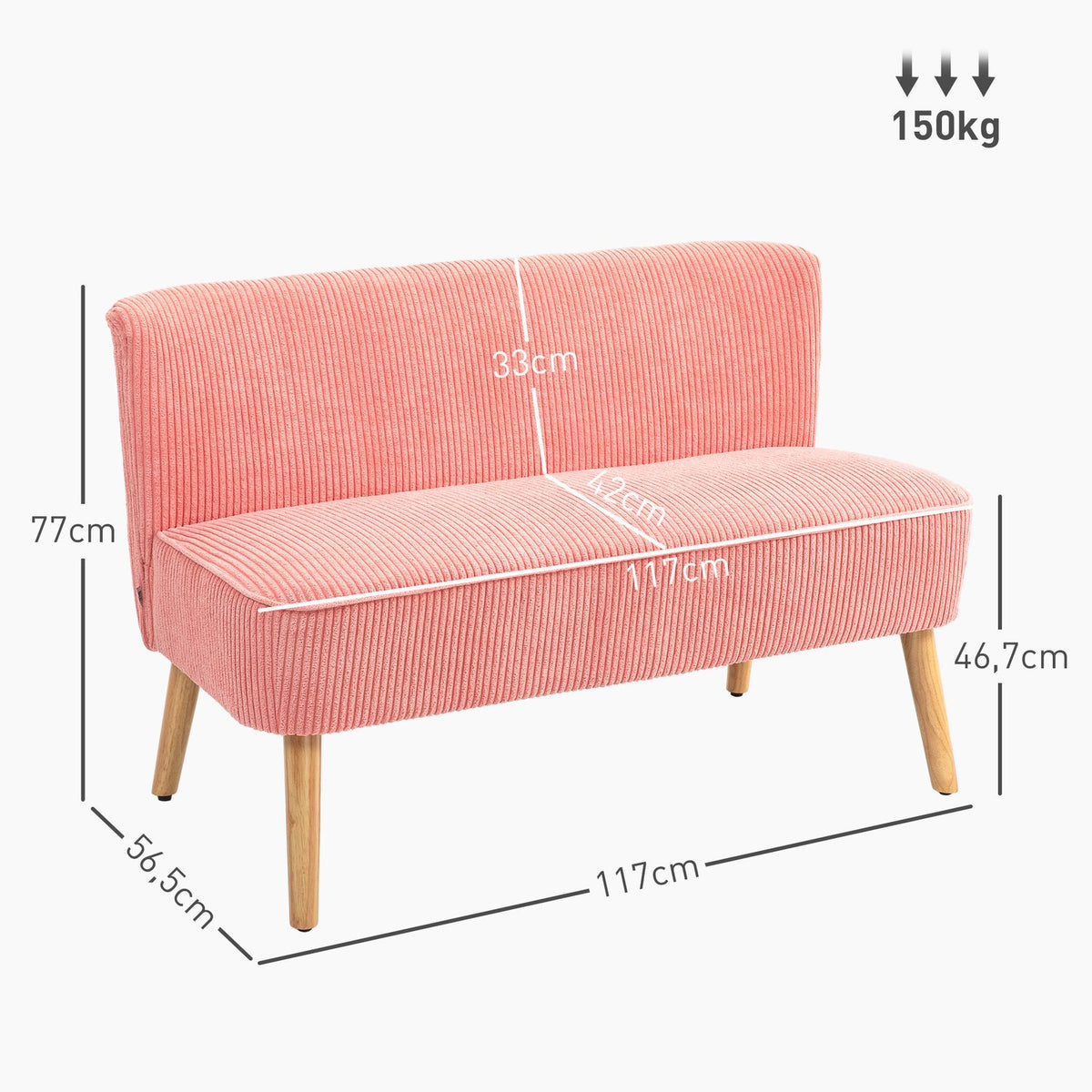 2-seater sofa, upholstered sofa, double sofa, two-seater sofa, cord-like polyester foam for living room, bedroom, 117 x 56.5 x 77 cm, pink