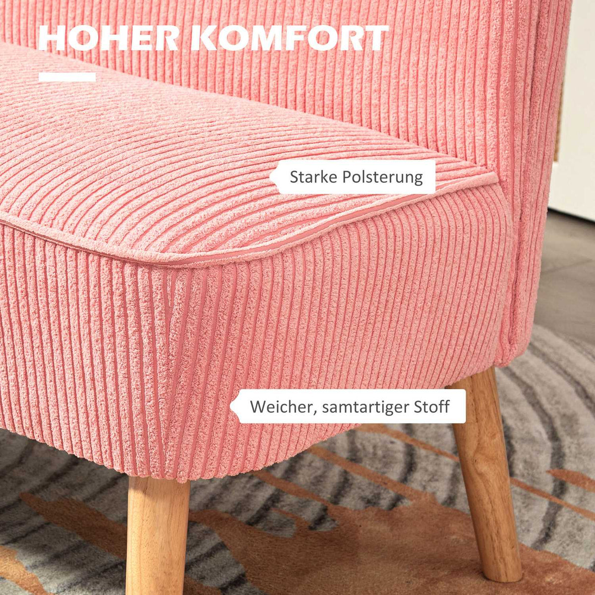 2-seater sofa, upholstered sofa, double sofa, two-seater sofa, cord-like polyester foam for living room, bedroom, 117 x 56.5 x 77 cm, pink