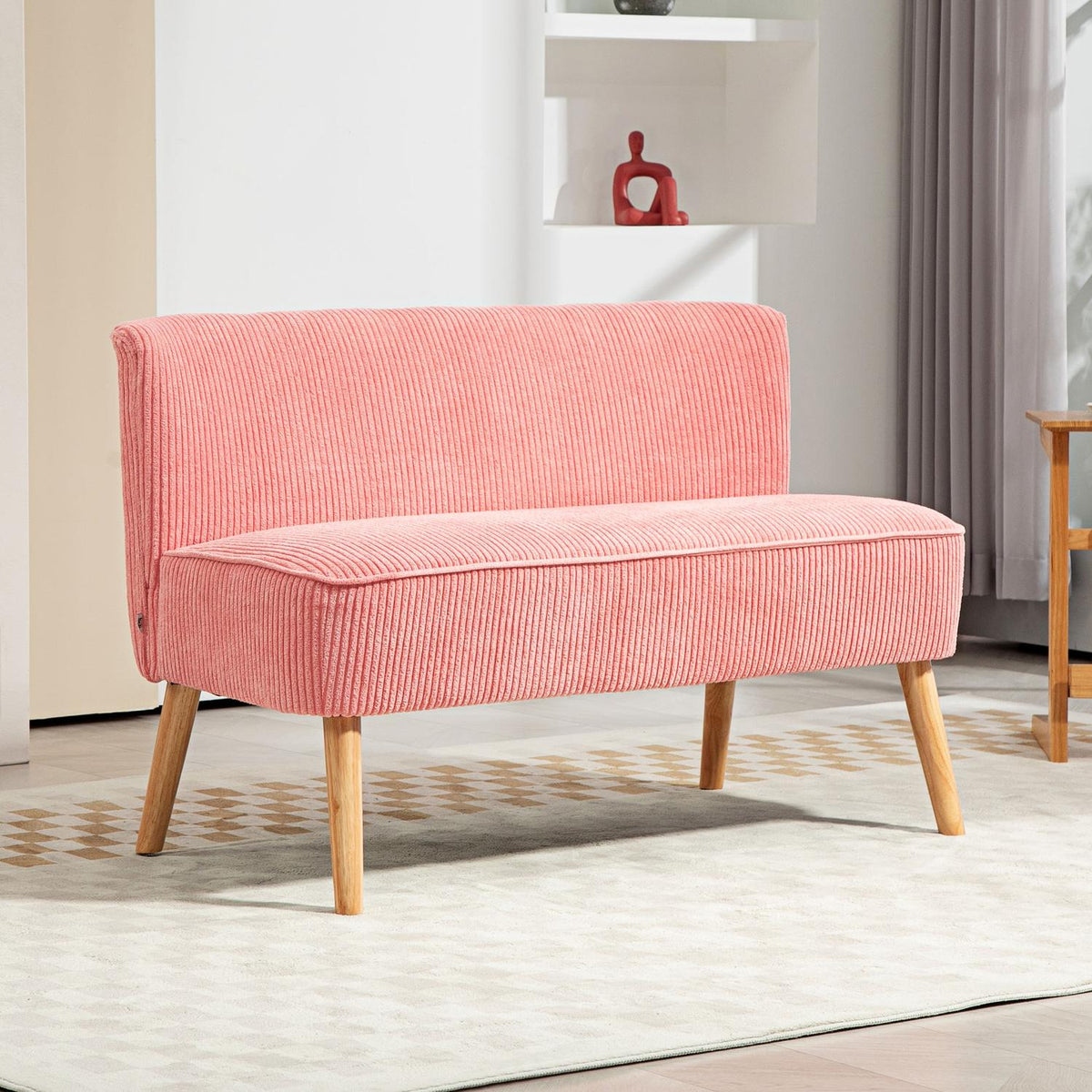 2-seater sofa, upholstered sofa, double sofa, two-seater sofa, cord-like polyester foam for living room, bedroom, 117 x 56.5 x 77 cm, pink