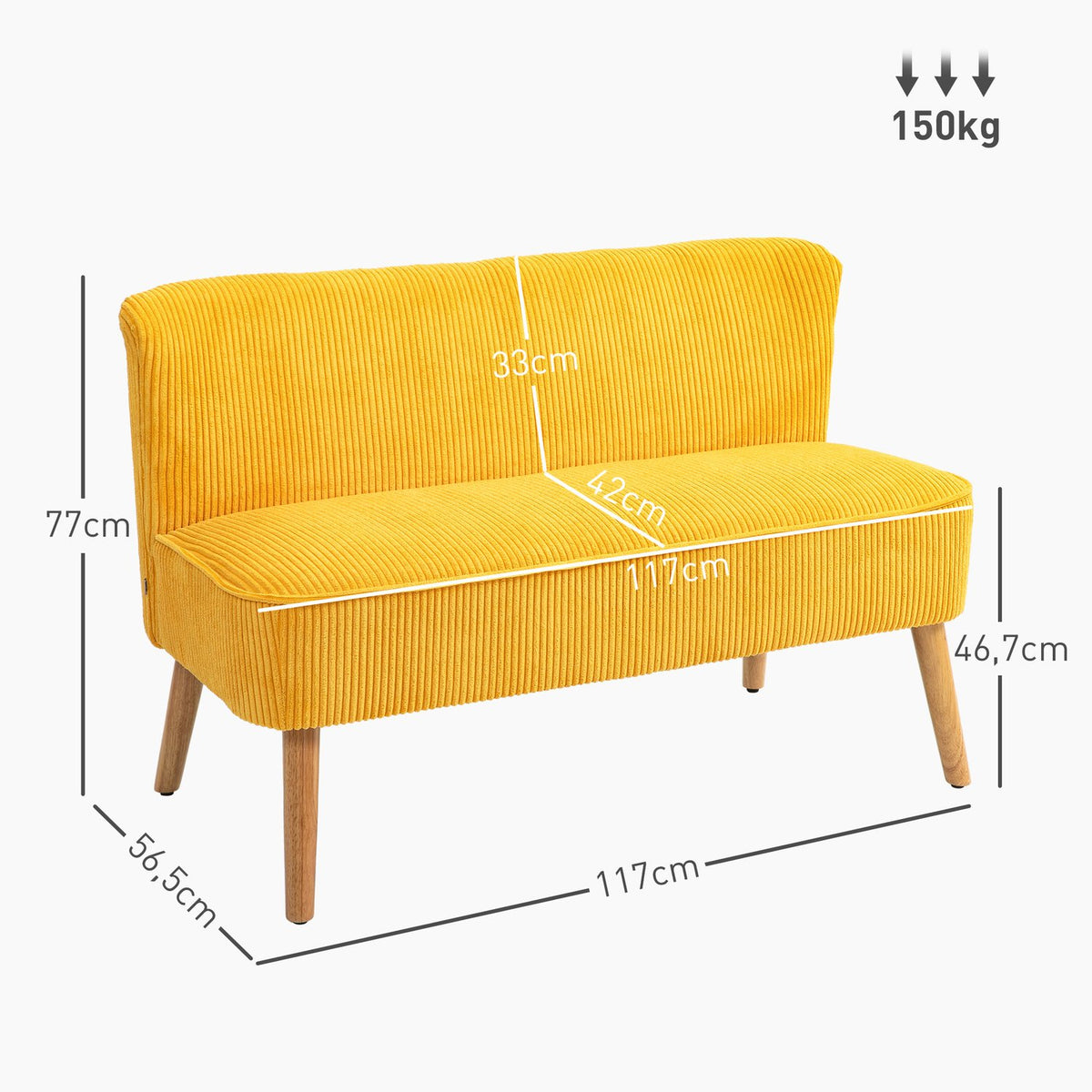 2-seater sofa, upholstered sofa, double sofa, two-seater sofa, cord-like polyester foam for living room, bedroom, 117 x 56.5 x 77 cm, yellow