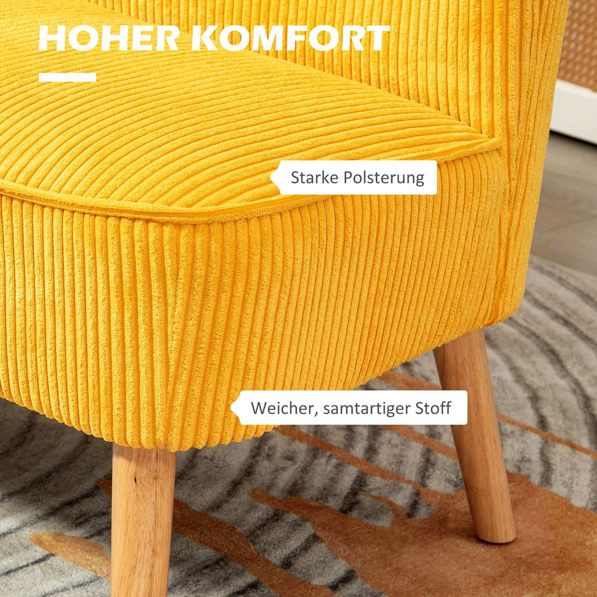 2-seater sofa, upholstered sofa, double sofa, two-seater sofa, cord-like polyester foam for living room, bedroom, 117 x 56.5 x 77 cm, yellow