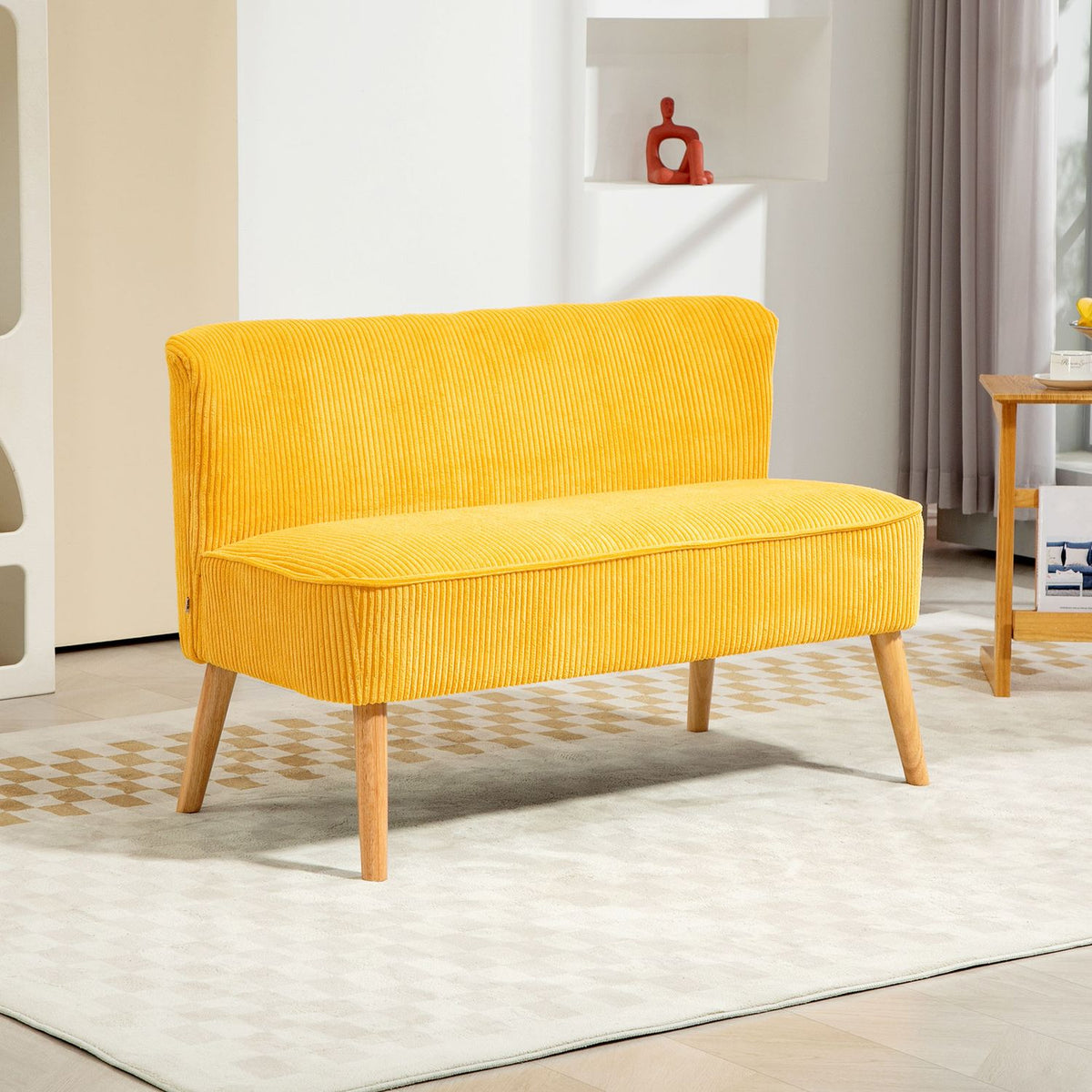 2-seater sofa, upholstered sofa, double sofa, two-seater sofa, cord-like polyester foam for living room, bedroom, 117 x 56.5 x 77 cm, yellow