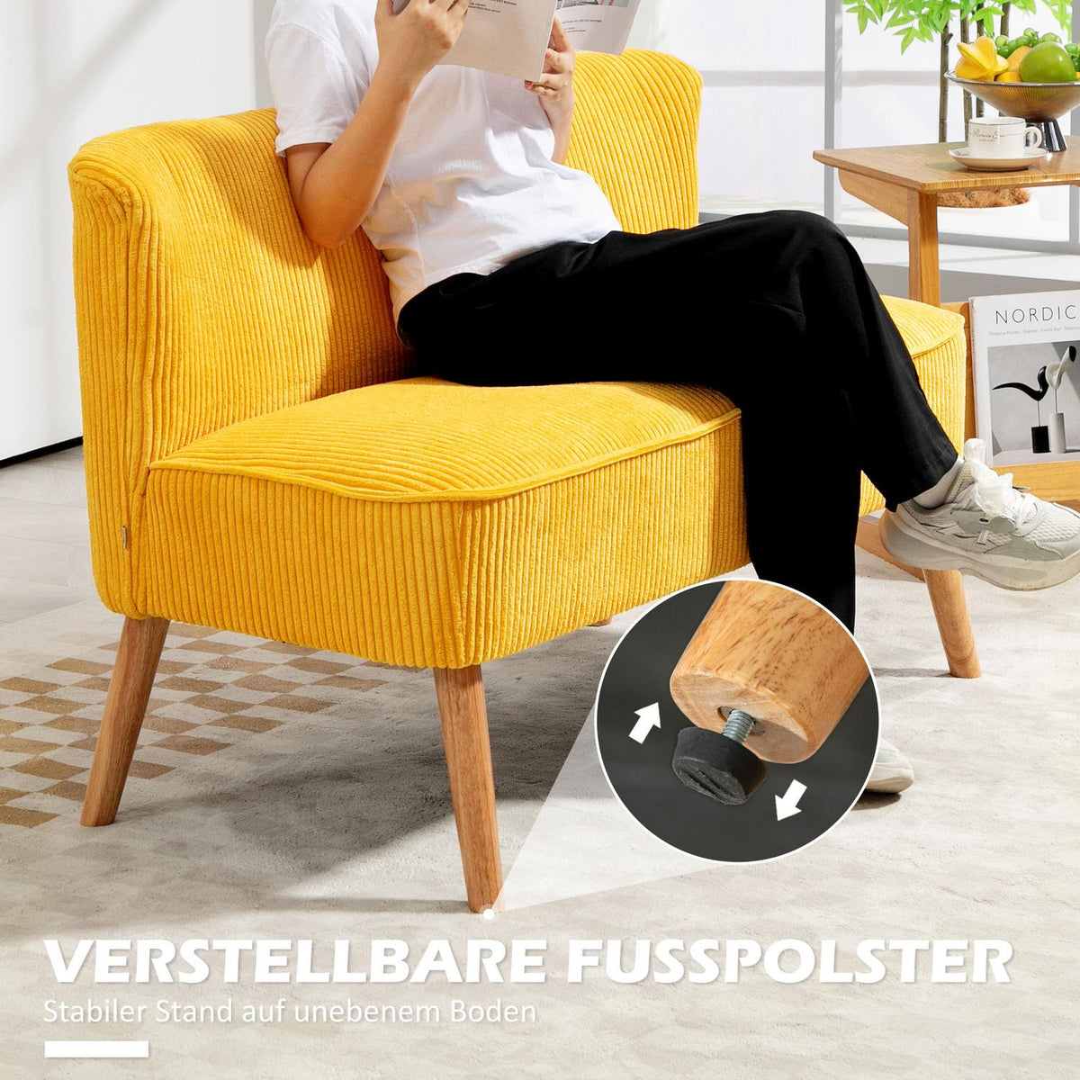 2-seater sofa, upholstered sofa, double sofa, two-seater sofa, cord-like polyester foam for living room, bedroom, 117 x 56.5 x 77 cm, yellow