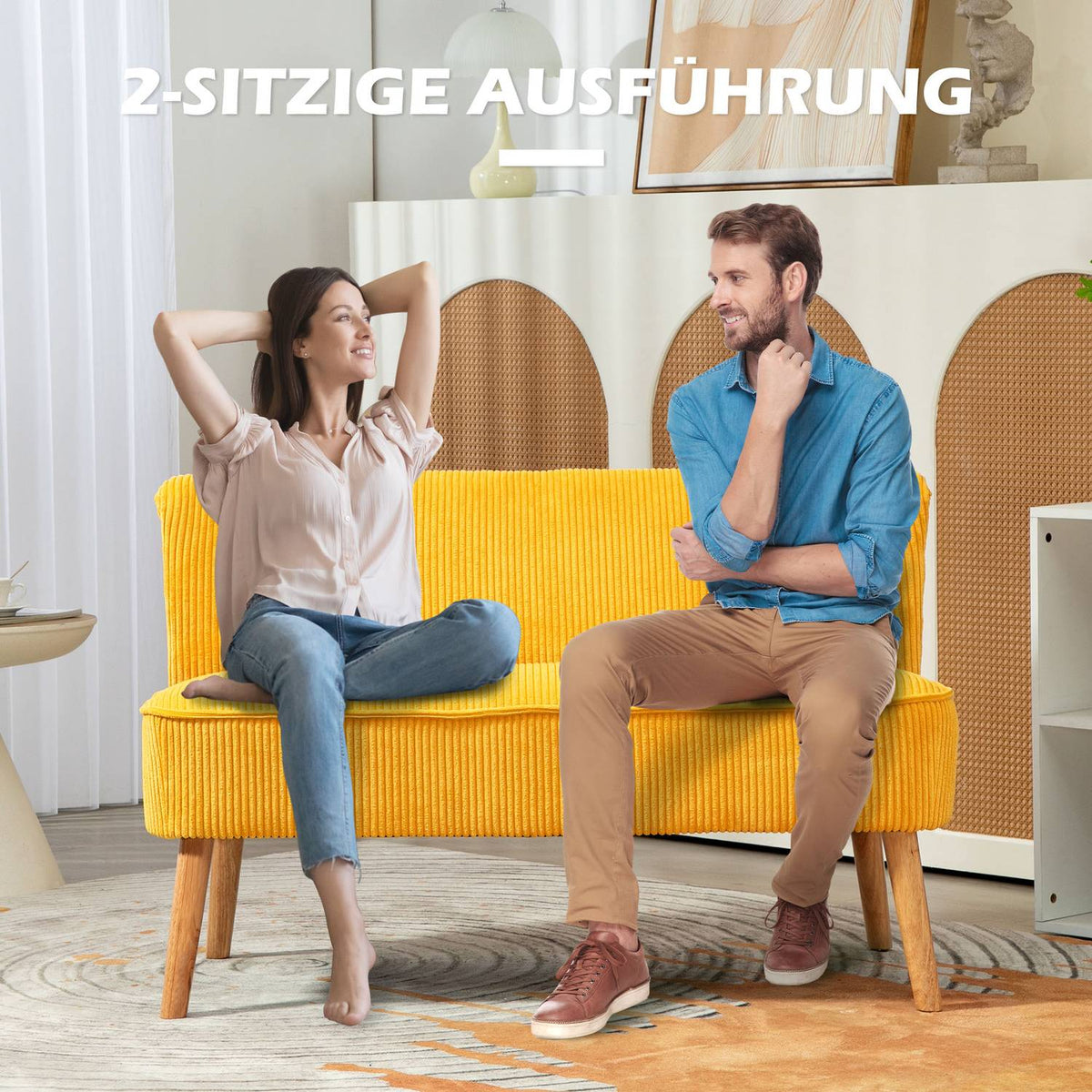 2-seater sofa, upholstered sofa, double sofa, two-seater sofa, cord-like polyester foam for living room, bedroom, 117 x 56.5 x 77 cm, yellow