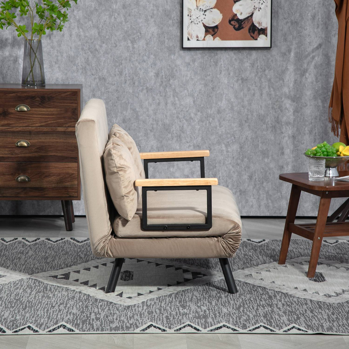 2-seater sofa with sleeping function, 102x73x81cm, with five-way adjustable backrest, throw cushion, non-slip feet, velvet look, light brown