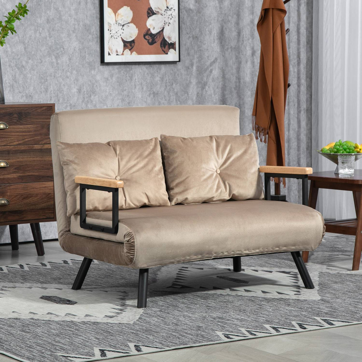 2-seater sofa with sleeping function, 102x73x81cm, with five-way adjustable backrest, throw cushion, non-slip feet, velvet look, light brown