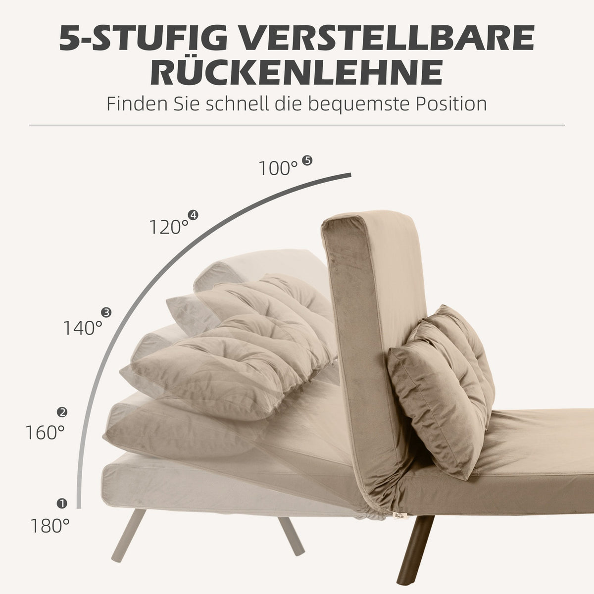 2-seater sofa with sleeping function, 102x73x81cm, with five-way adjustable backrest, throw cushion, non-slip feet, velvet look, light brown