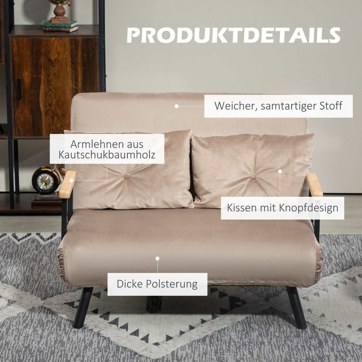 2-seater sofa with sleeping function, 102x73x81cm, with five-way adjustable backrest, throw cushion, non-slip feet, velvet look, light brown