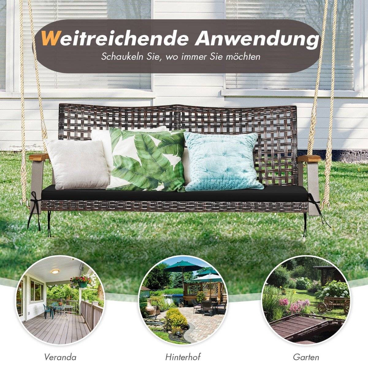 2-seater swing bench with cushions PE rattan hanging bench up to 360 kg garden swing black