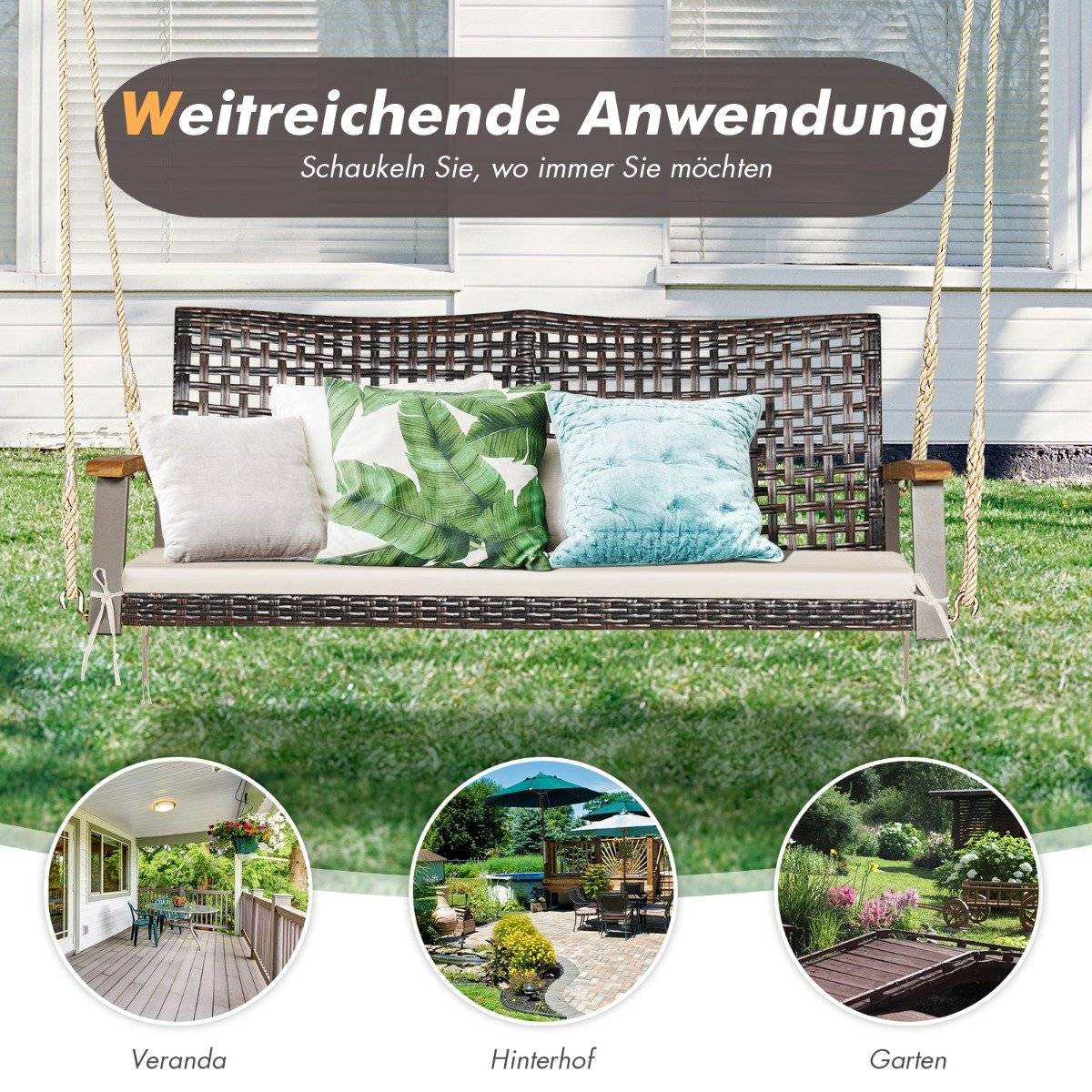 2-seater swing bench with cushions PE rattan hanging bench up to 360 kg garden swing white