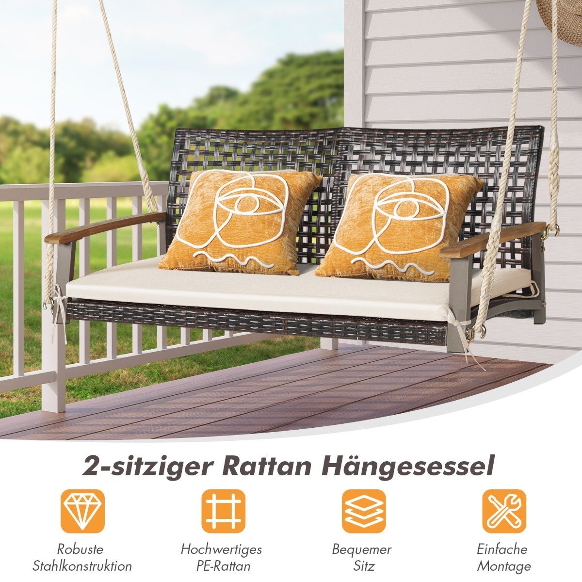 2-seater swing bench with cushions PE rattan hanging bench up to 360 kg garden swing white