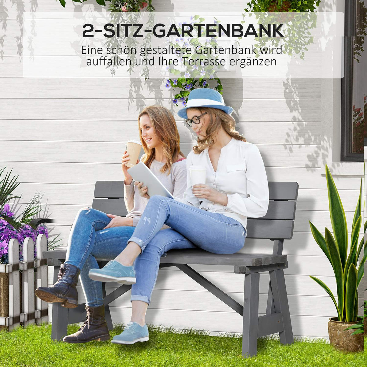 2-seater wooden garden bench, weatherproof bench, UV-resistant garden furniture with backrest, park bench with a load capacity of 220 kg, balcony bench, wooden bench for balcony, terrace, garden, 116 x 56 x 80 cm, grey |