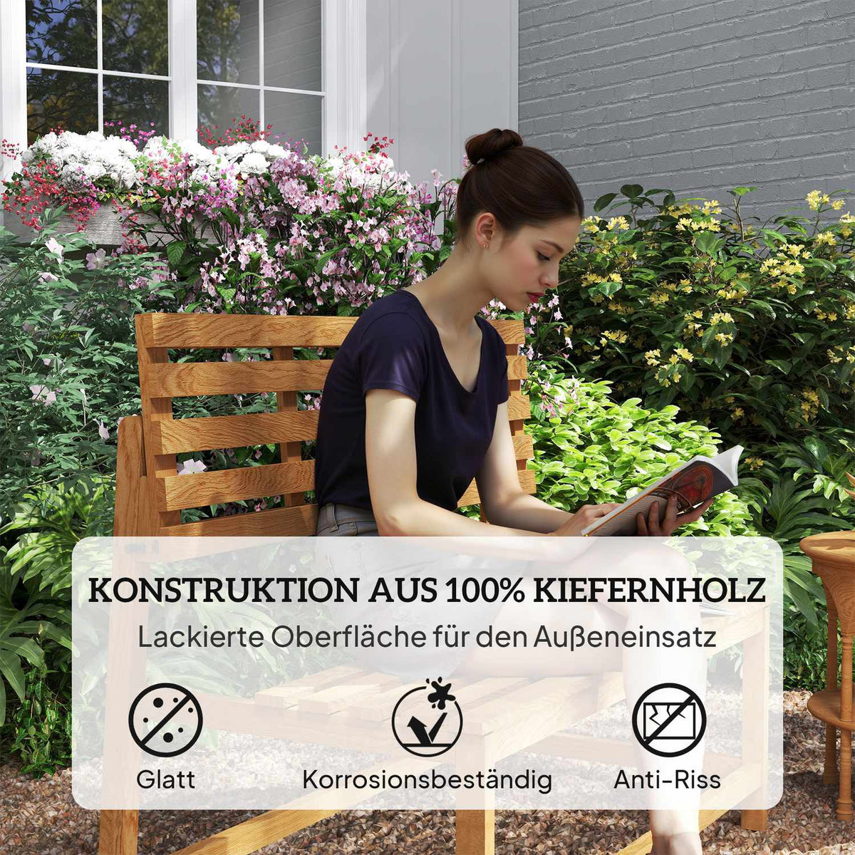 2-seater wooden garden bench, weatherproof bench, UV-resistant garden furniture with convertible backrests, park bench 240kg load capacity, wooden bench for balcony, terrace, garden, 110x61x89cm, teak