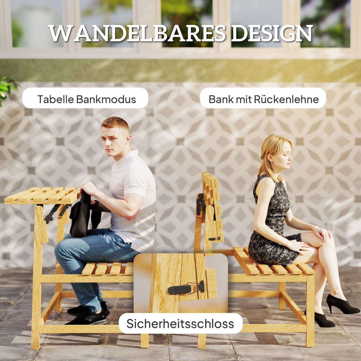 2-seater wooden garden bench, weatherproof bench, UV-resistant garden furniture with convertible backrests, park bench 240kg load capacity, wooden bench for balcony, terrace, garden, 110x61x89cm, teak