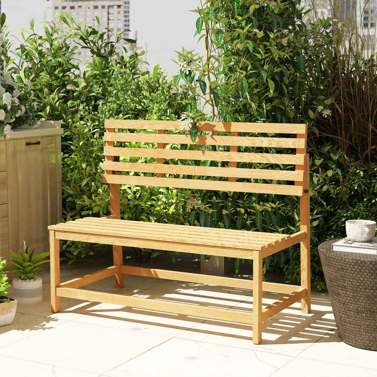 2-seater wooden garden bench, weatherproof bench, UV-resistant garden furniture with convertible backrests, park bench 240kg load capacity, wooden bench for balcony, terrace, garden, 110x61x89cm, teak