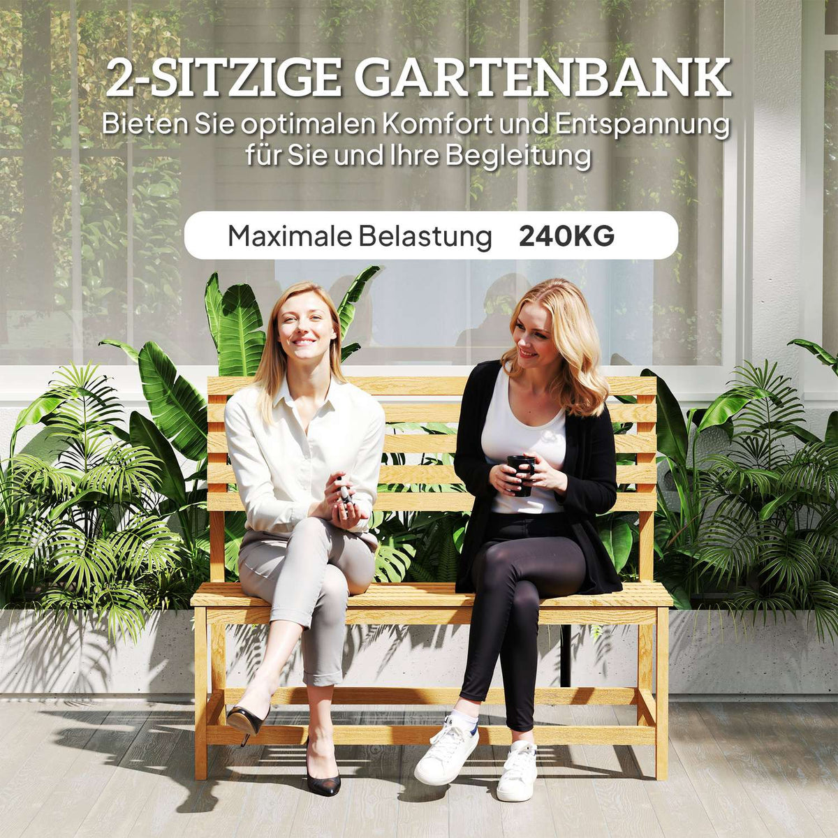 2-seater wooden garden bench, weatherproof bench, UV-resistant garden furniture with convertible backrests, park bench 240kg load capacity, wooden bench for balcony, terrace, garden, 110x61x89cm, teak
