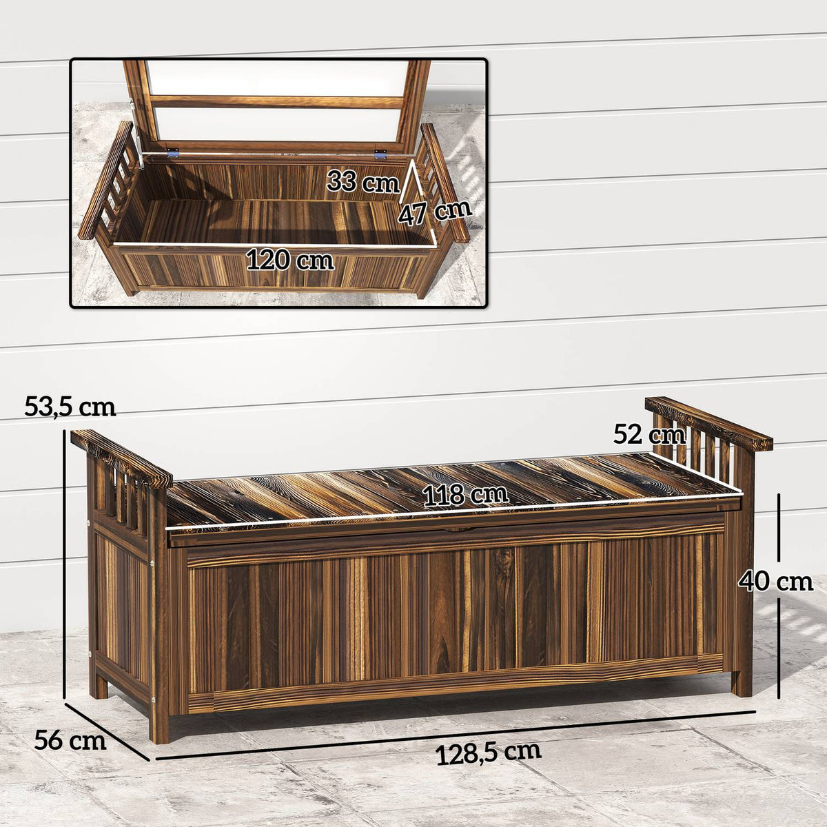 2-seater wooden garden bench, weatherproof bench, garden furniture with storage space armrests, park bench 240kg load capacity, balcony bench, wooden bench for balcony, terrace, garden, 128.5 x 56 x 53.5cm, charred |