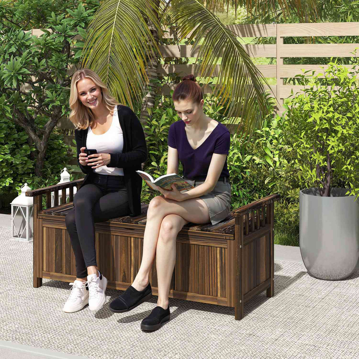 2-seater wooden garden bench, weatherproof bench, garden furniture with storage space armrests, park bench 240kg load capacity, balcony bench, wooden bench for balcony, terrace, garden, 128.5 x 56 x 53.5cm, charred |