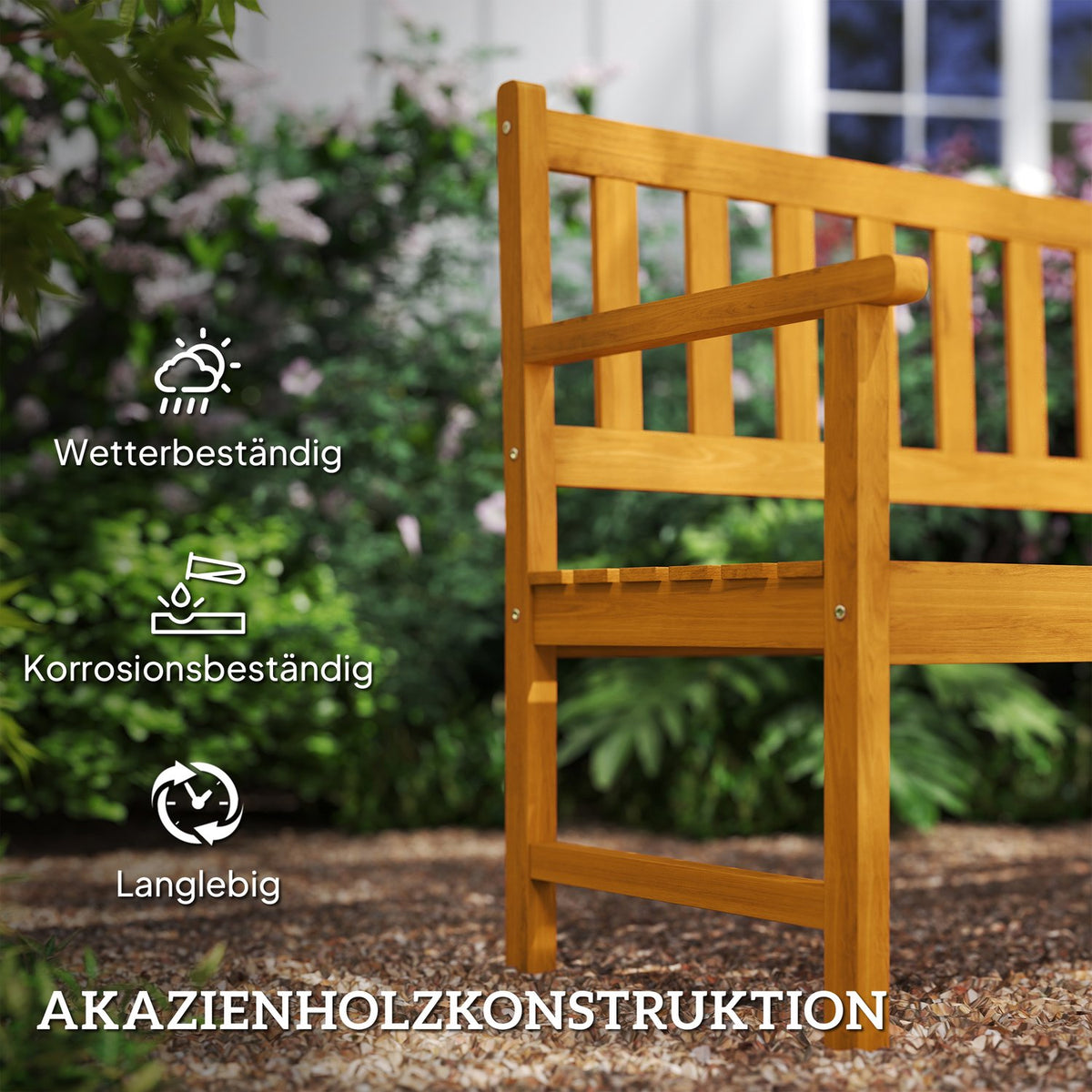 2-seater wooden garden bench, weatherproof bench with back and armrests, 320 kg load capacity, 149 x 56.5 x 89 cm, teak