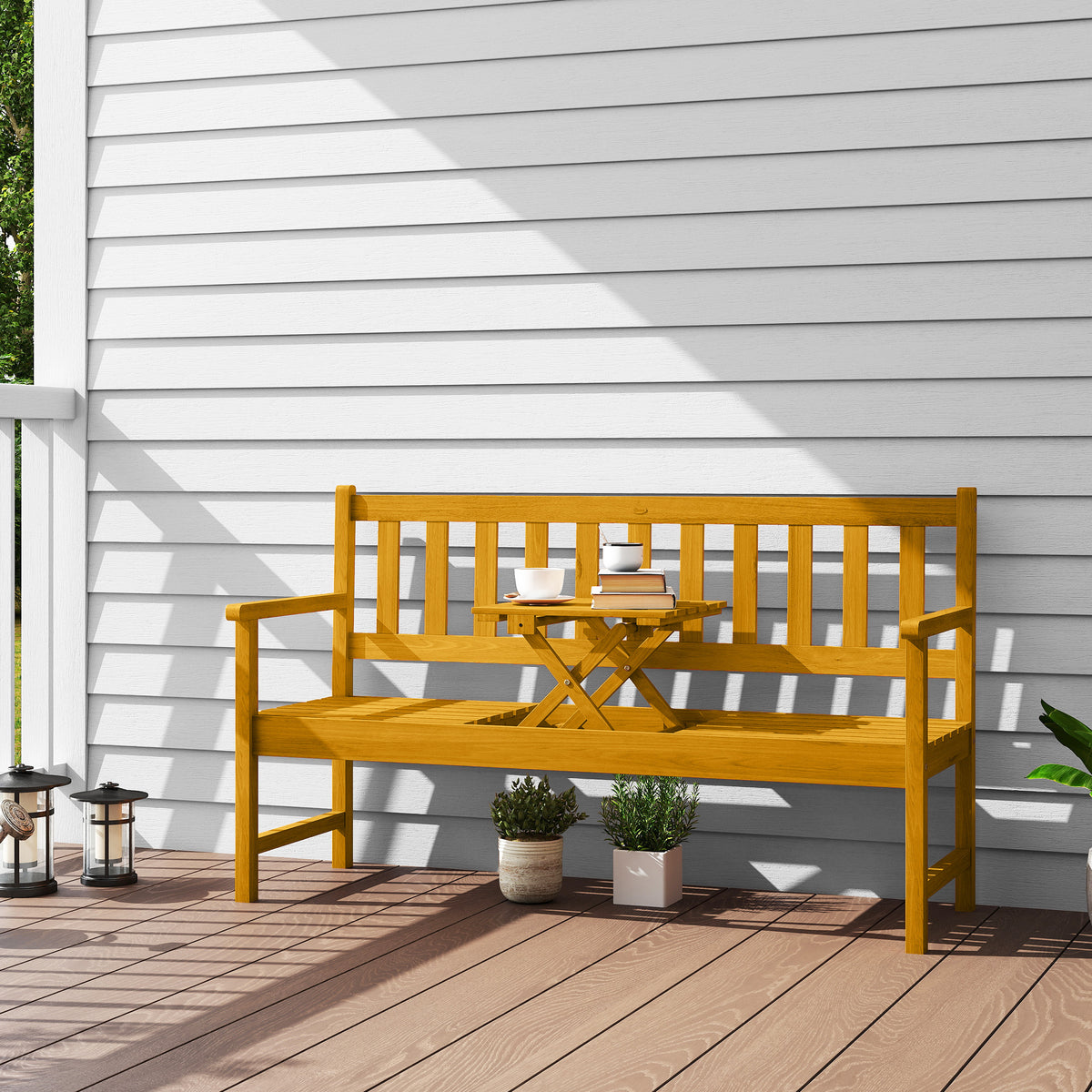 2-seater wooden garden bench, weatherproof bench with back and armrests, 320 kg load capacity, 149 x 56.5 x 89 cm, teak