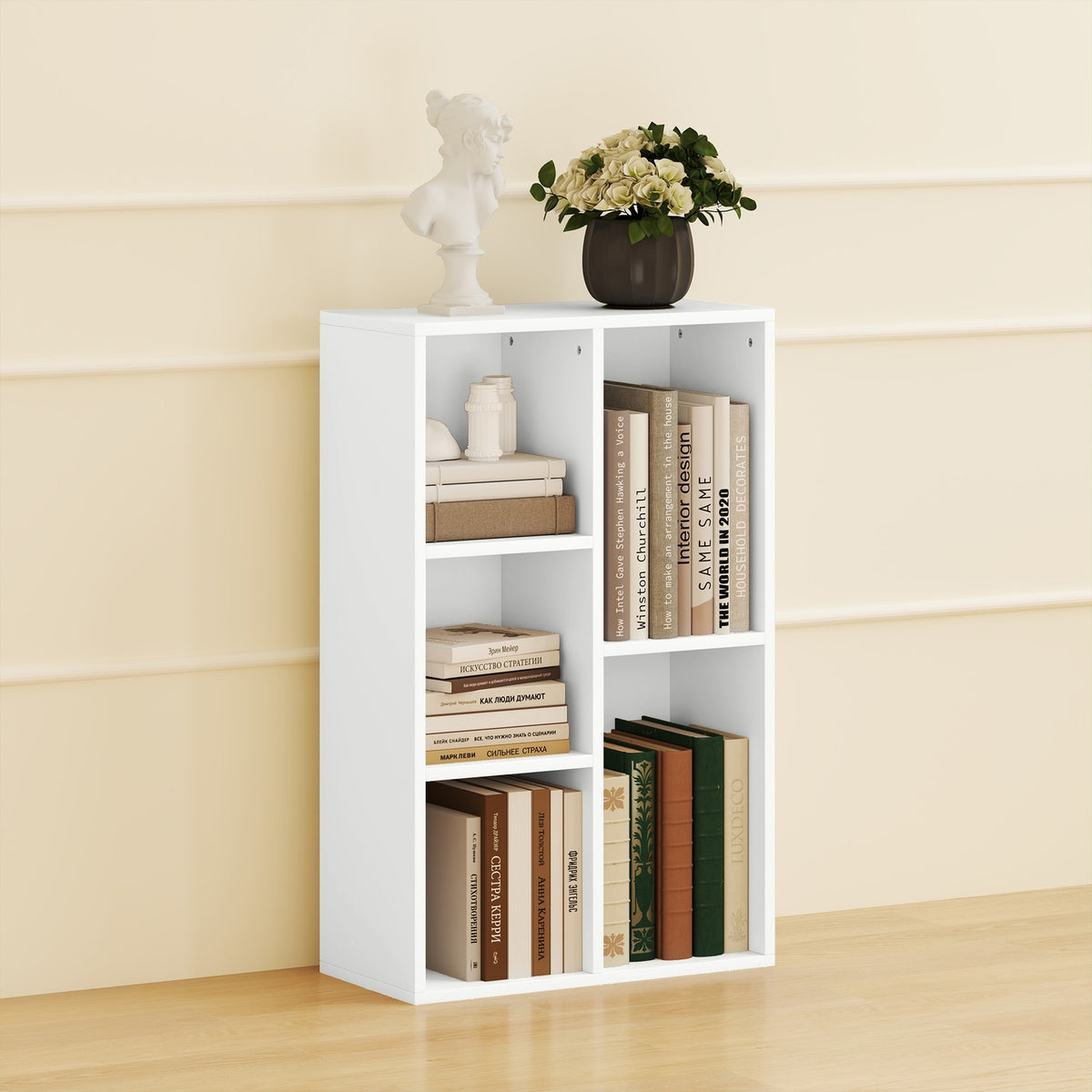 2-tier bookcase, 5 compartments, chipboard, storage shelf, white