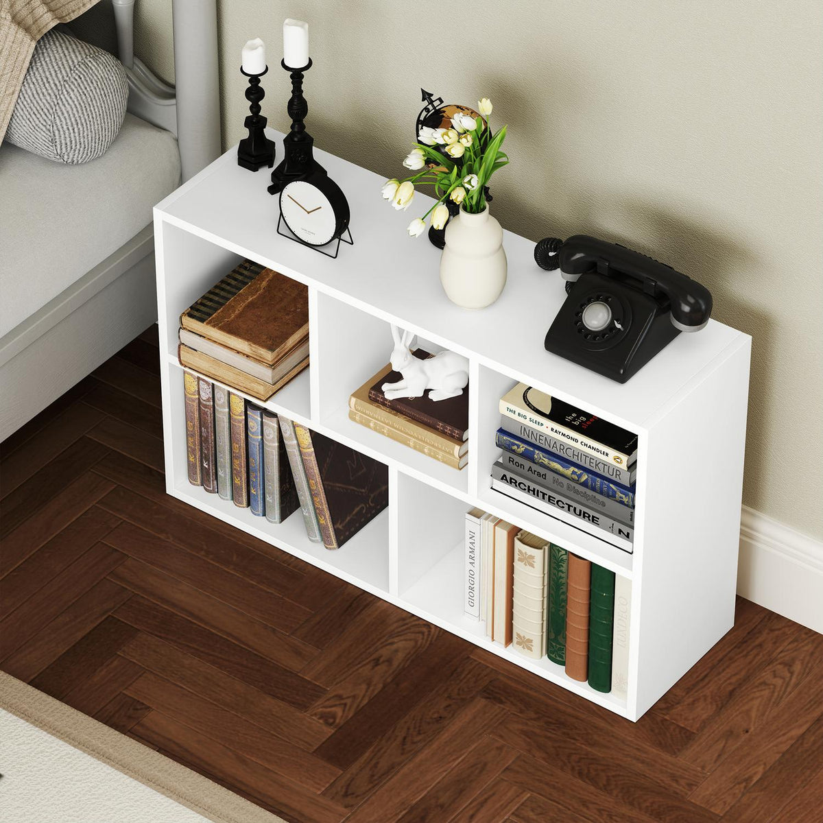 2-tier bookcase, 5 compartments, chipboard, storage shelf, white