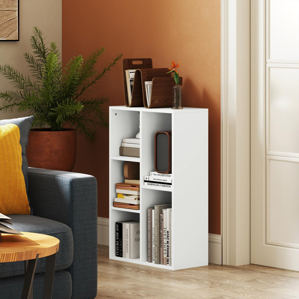 2-tier bookcase, 5 compartments, chipboard, storage shelf, white