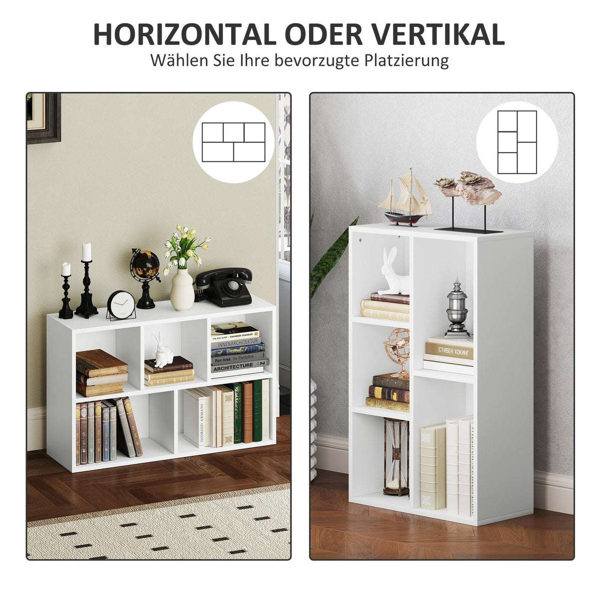 2-tier bookcase, 5 compartments, chipboard, storage shelf, white