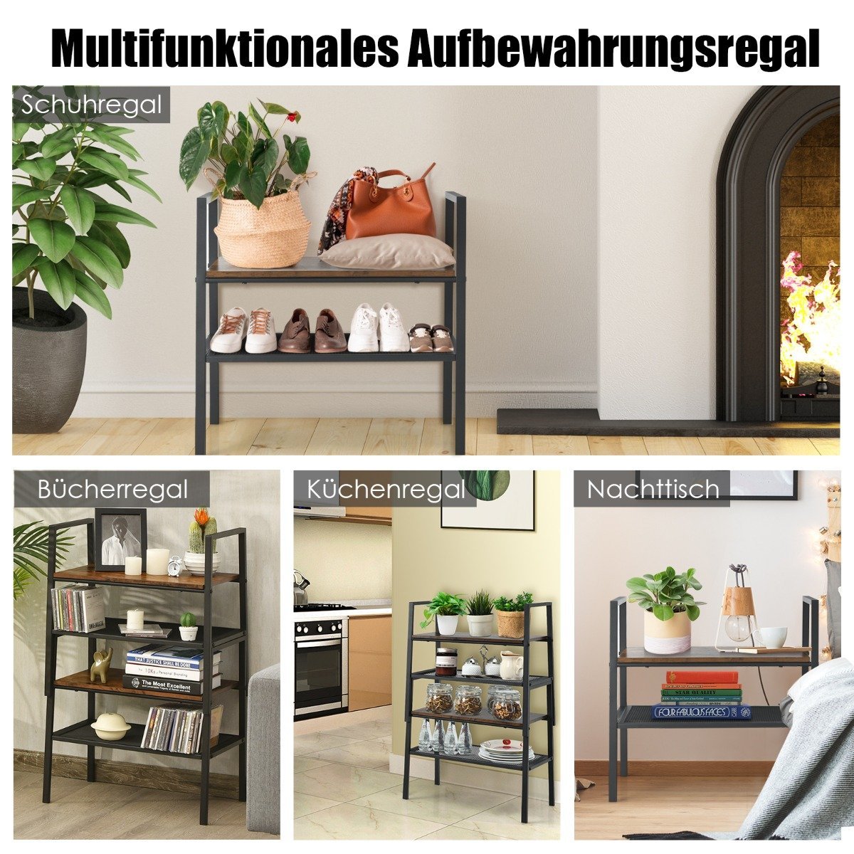 2-tier storage rack made of wood and metal. Compact storage rack, brown and black