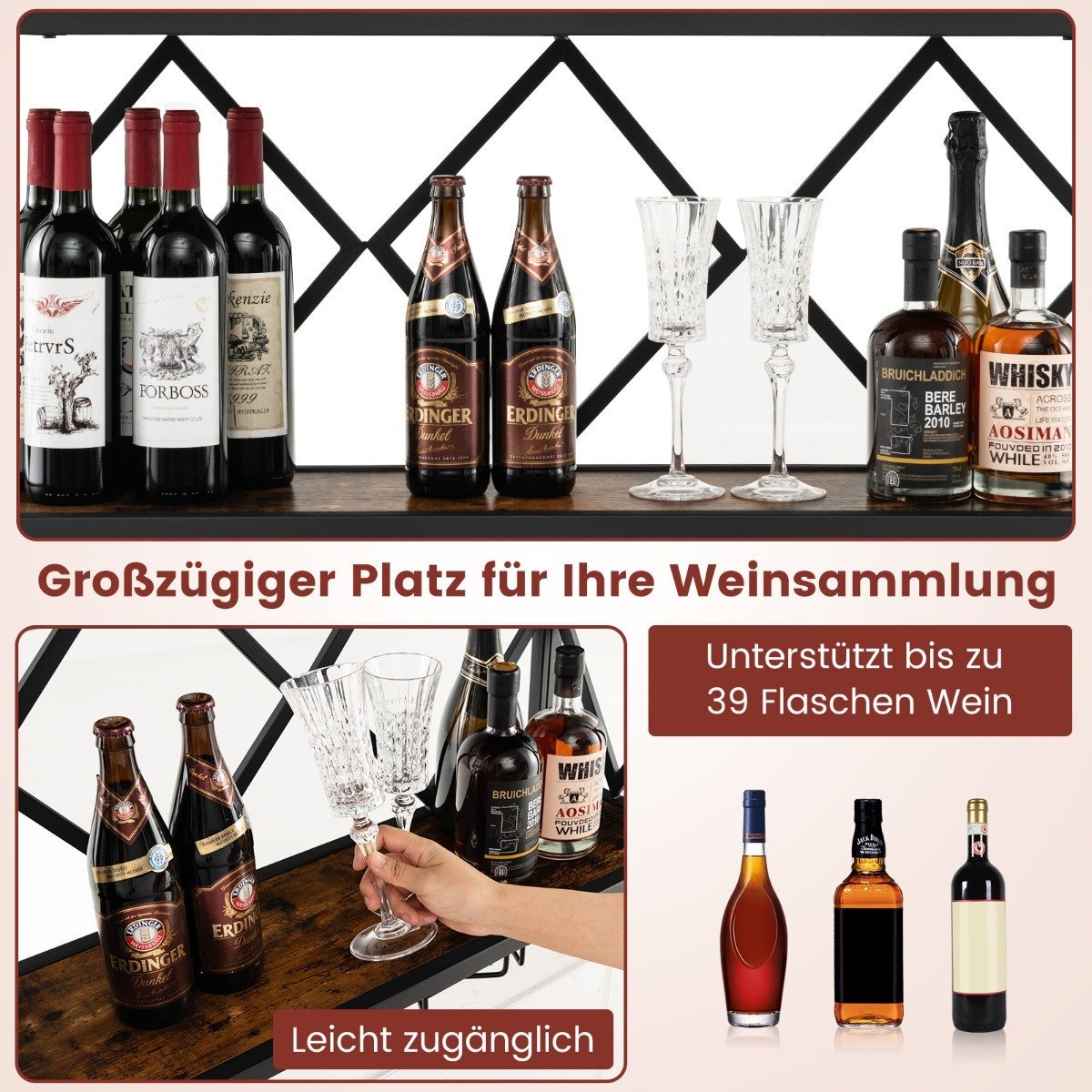 2 tier wine rack wall with metal frame & 6 rows of wooden wine glass holder bottle rack