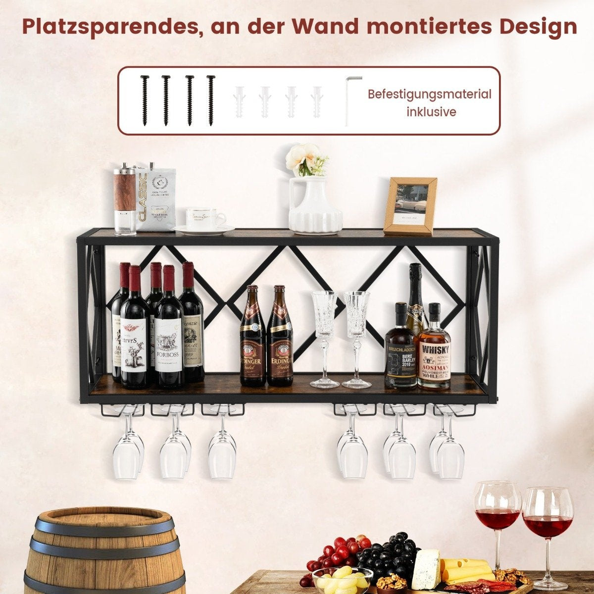 2 tier wine rack wall with metal frame & 6 rows of wooden wine glass holder bottle rack