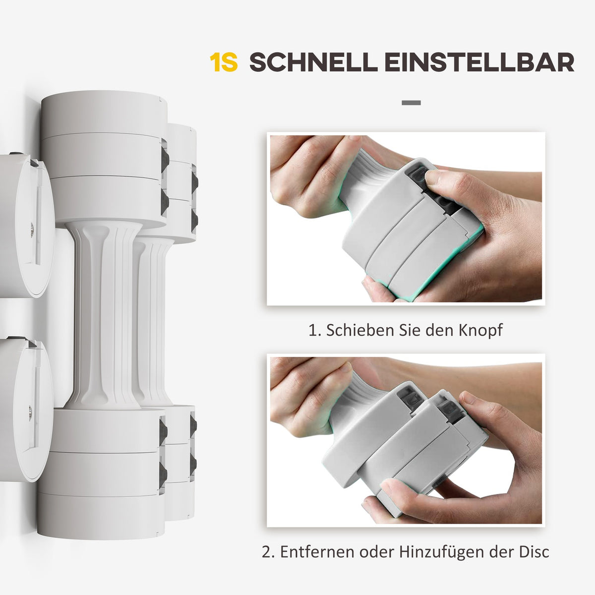 2 x 2.5kg dumbbells, adjustable weight dumbbells, 1.1/1.8/2.5kg per dumbbell, floor-friendly plastic housing, for women and men, white