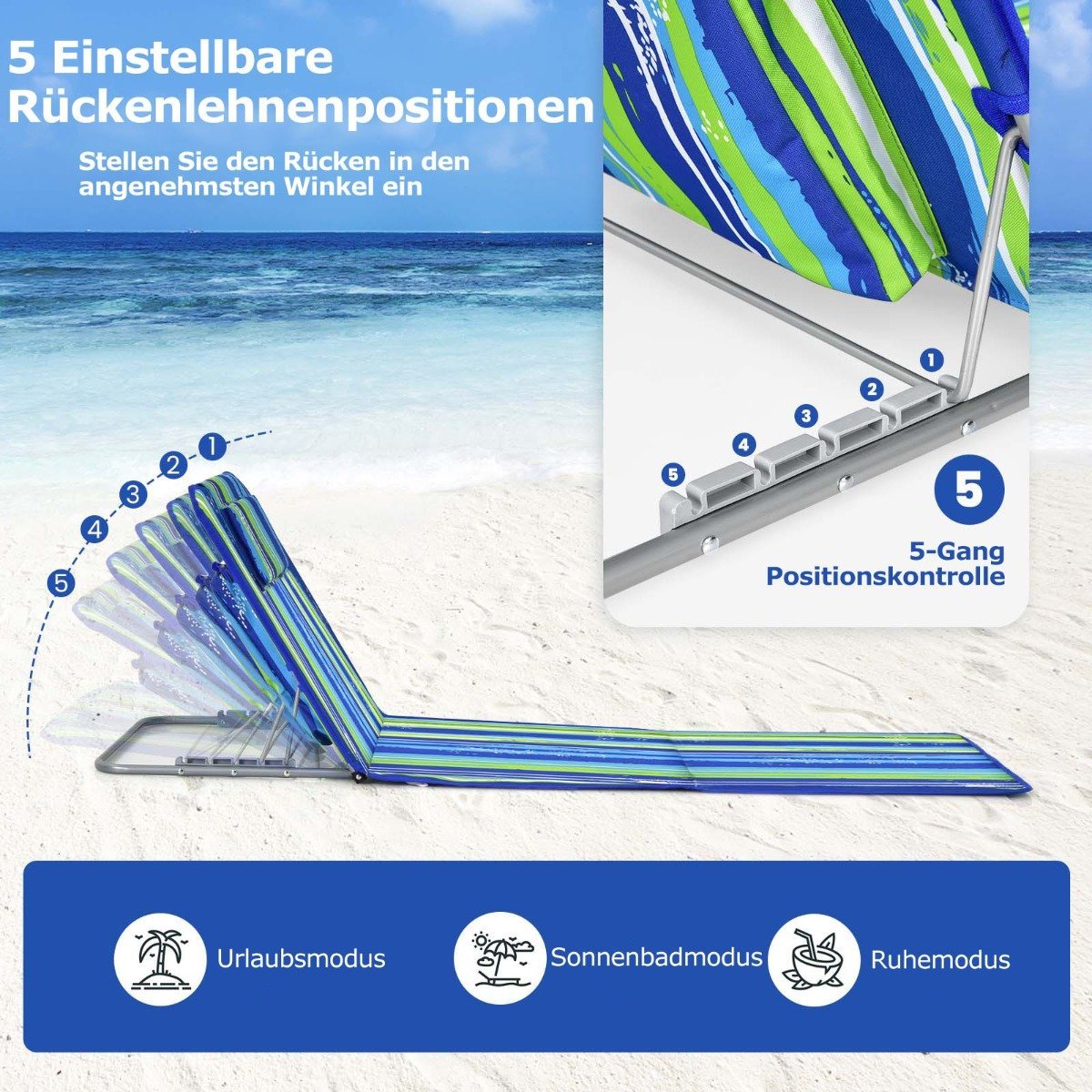 2 x Beach Mat with Side Table Adjustable Deck Chair Set 151 x 55.5 x 27-47 Blue + Green