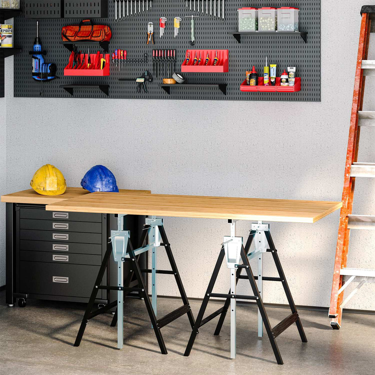2 x scaffolding trestle, folding trestle, height adjustable up to 200 kg, made of steel, black, 68 x 58 x 80-130 cm for construction work and DIY enthusiasts