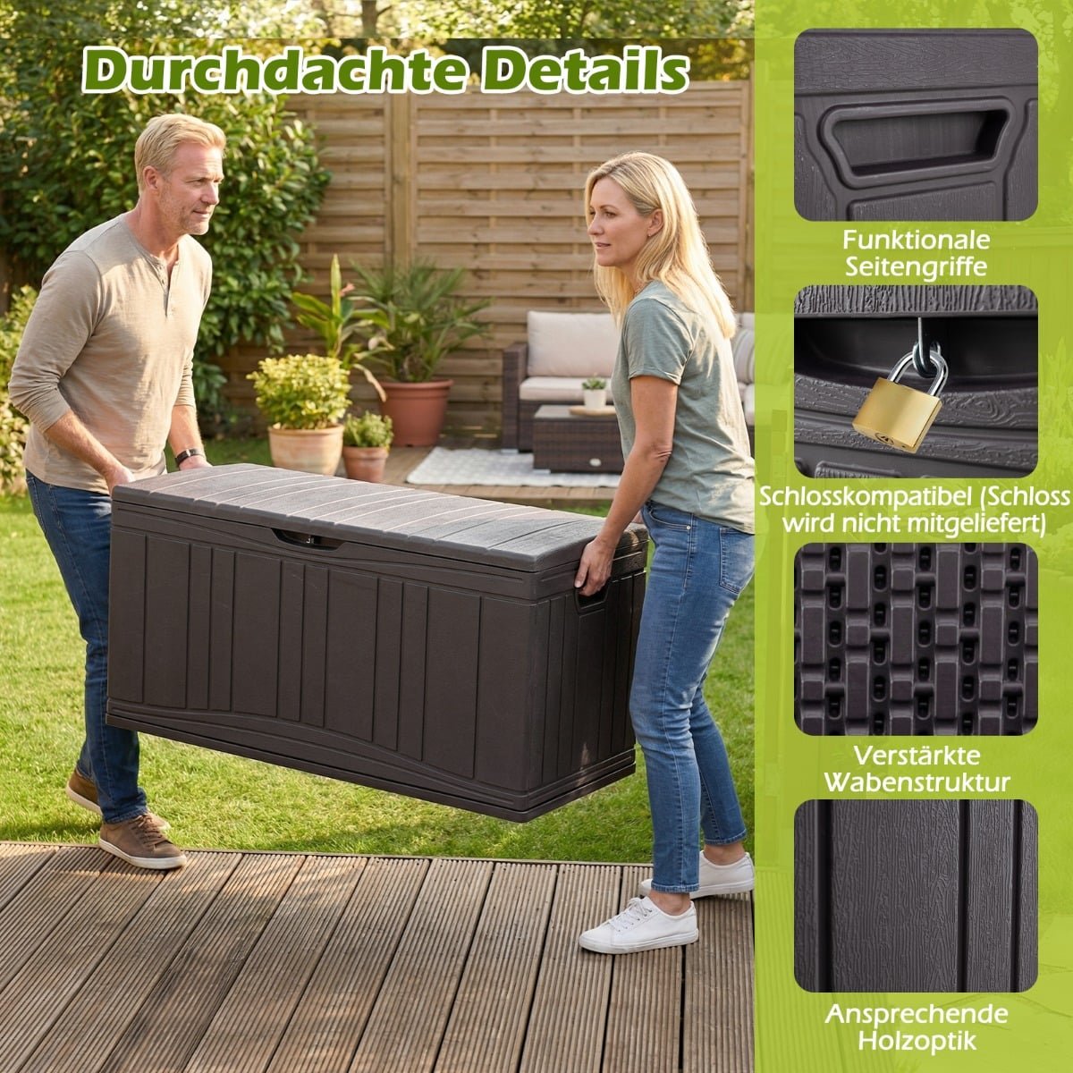 300L HDPE Outdoor Storage Box with Lockable Lid, Brown