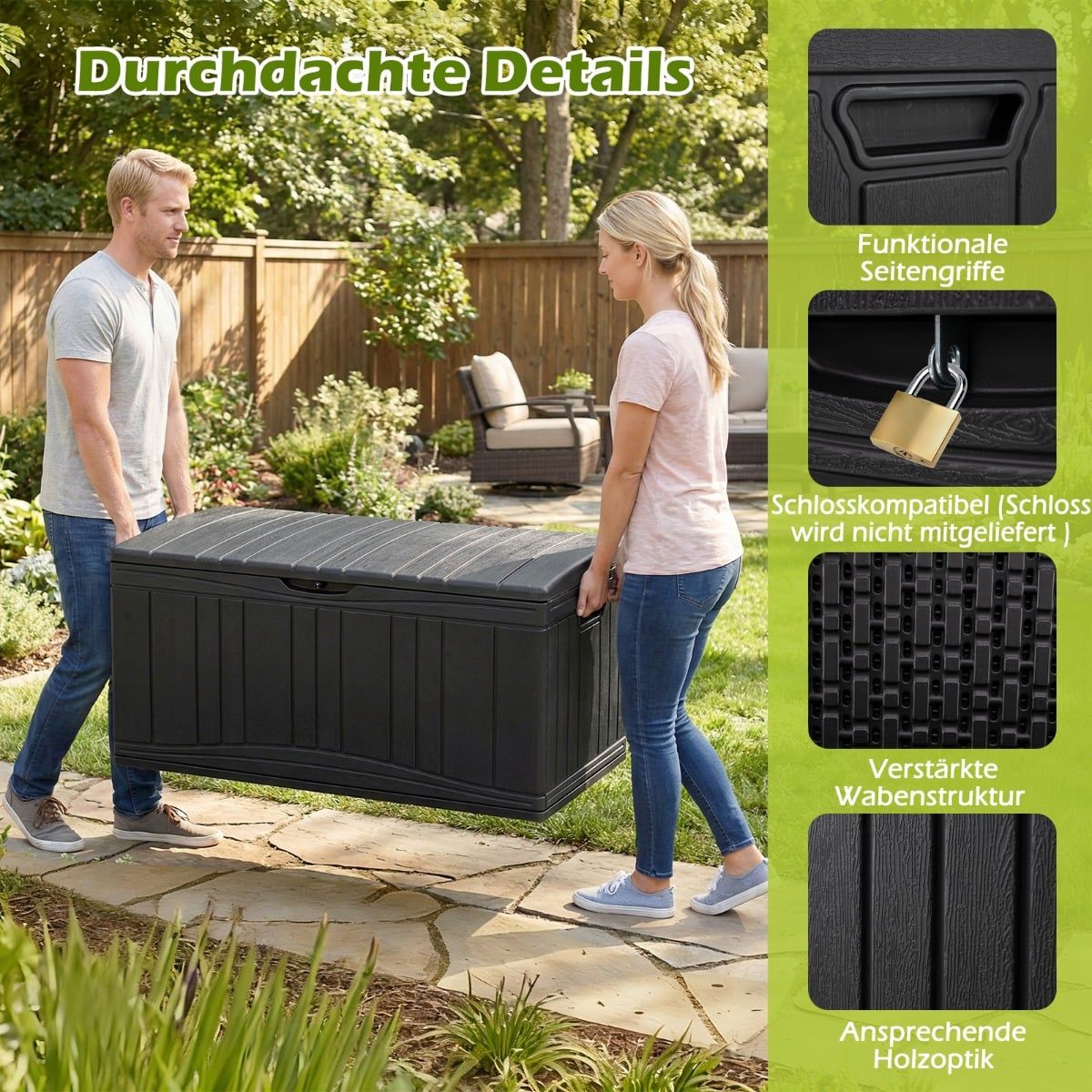 300L Outdoor Storage Box, HDPE, Lockable Lid, Black