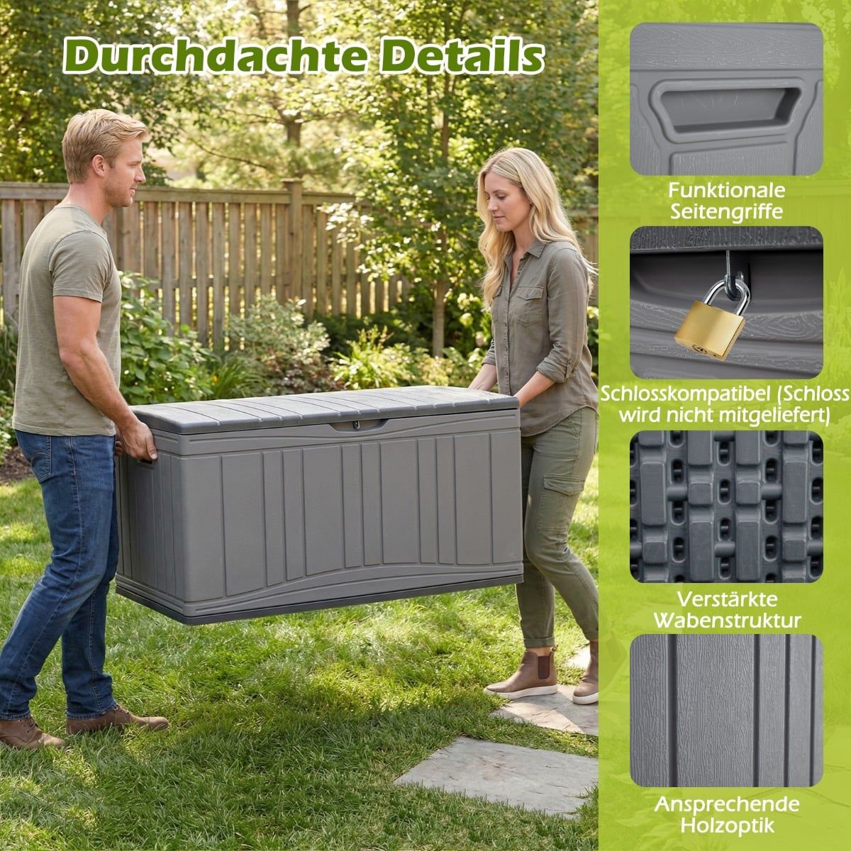 300L Outdoor Storage Box, HDPE, Lockable Lid, Grey