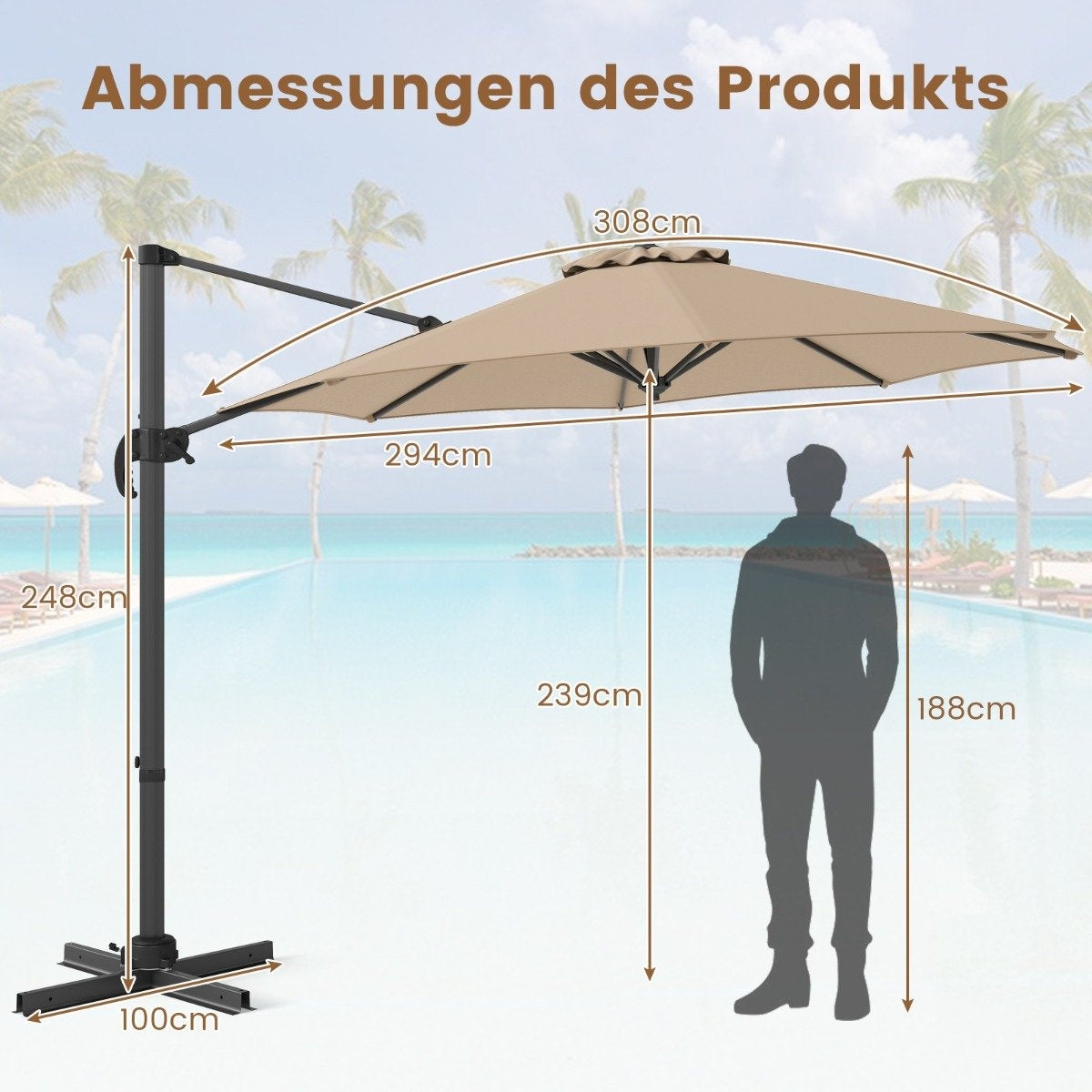 300 cm Beige Patio Umbrella, Adjustable Tilt & 360° Rotation