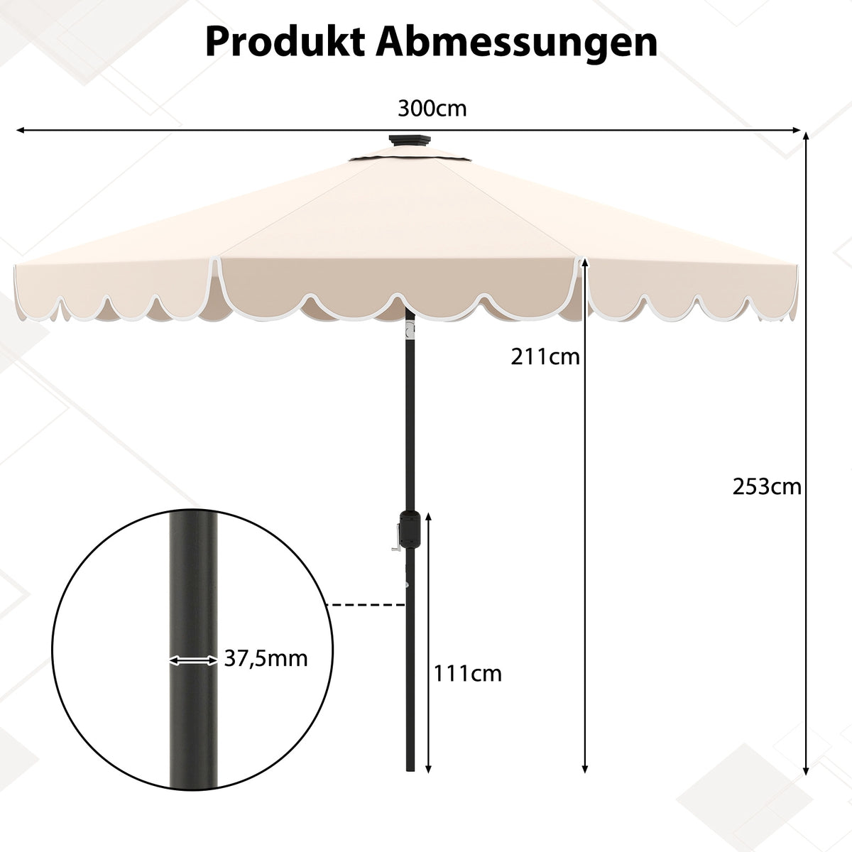 300 cm Beige Patio Umbrella with Solar LED Lights