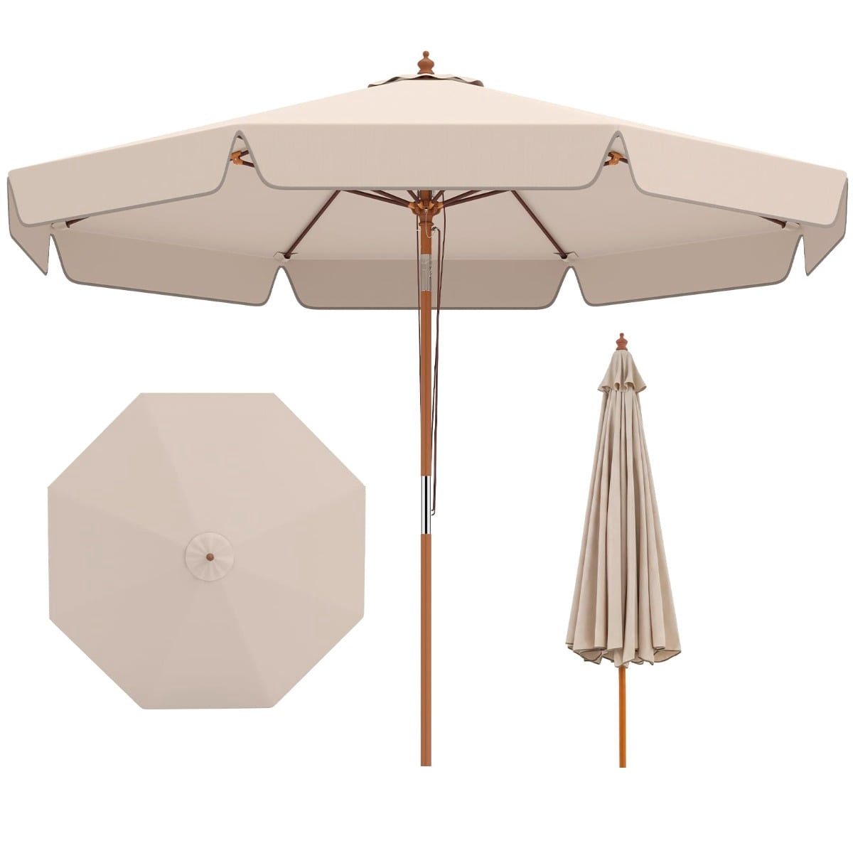 300 cm Beige Patio Umbrella with Tilt and Wood Pole