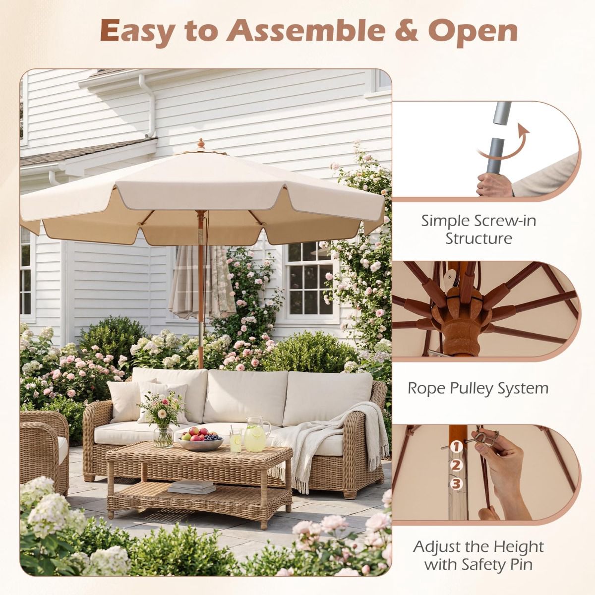 300 cm Beige Patio Umbrella with Tilt and Wood Pole