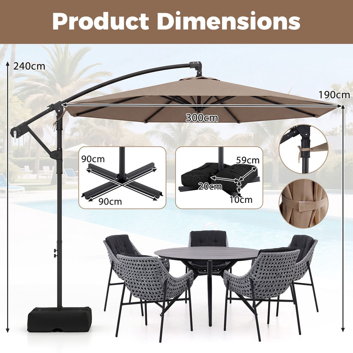 300 cm Brown Cantilever Parasol with Stand & Crank