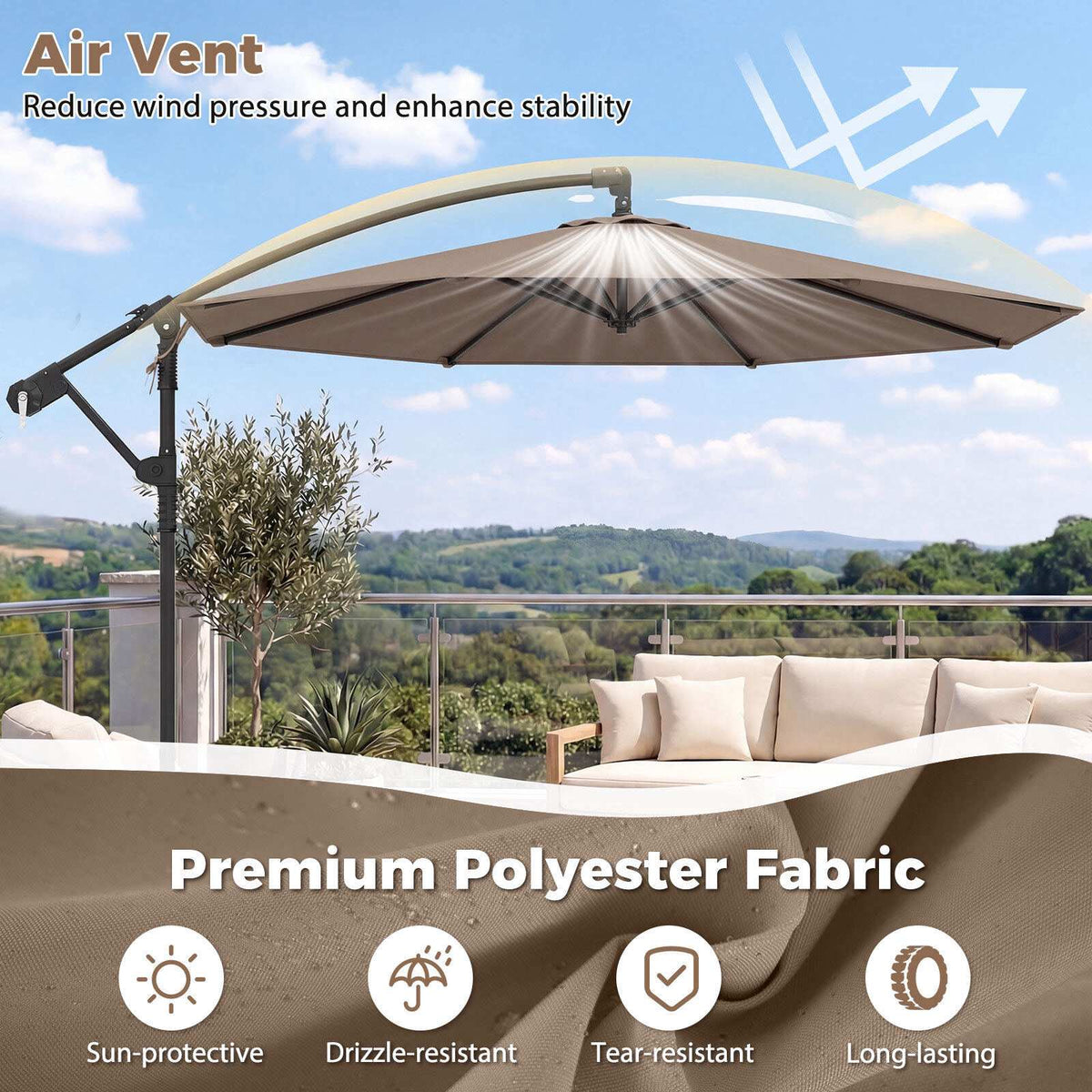 300 cm Brown Cantilever Parasol with Stand & Crank