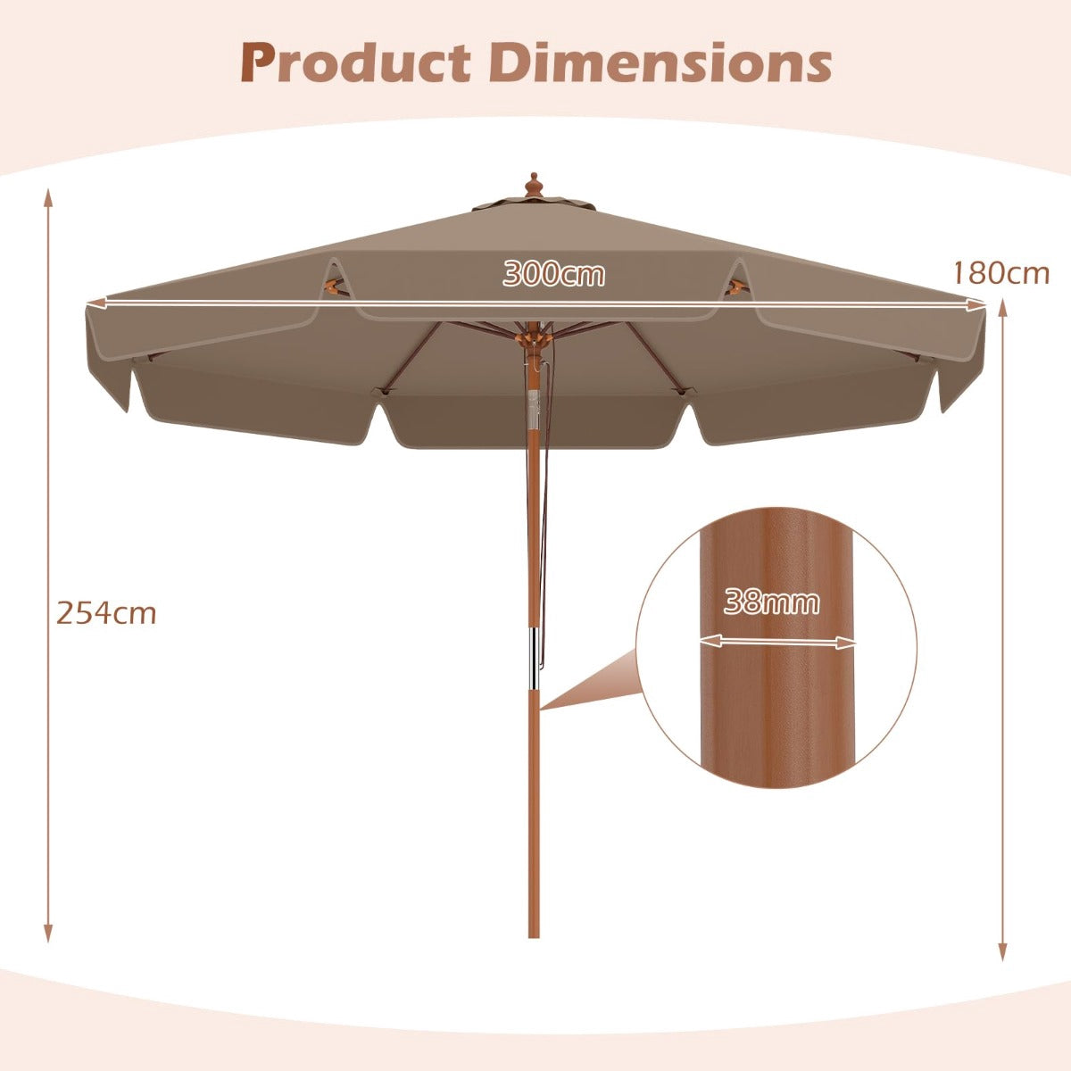 300 cm Brown Patio Umbrella with Tilt and Wood Pole