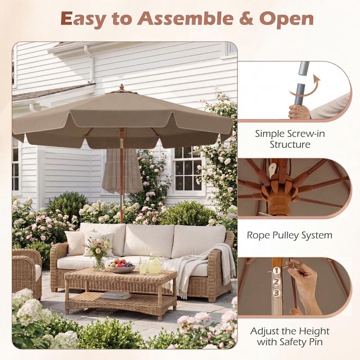 300 cm Brown Patio Umbrella with Tilt and Wood Pole