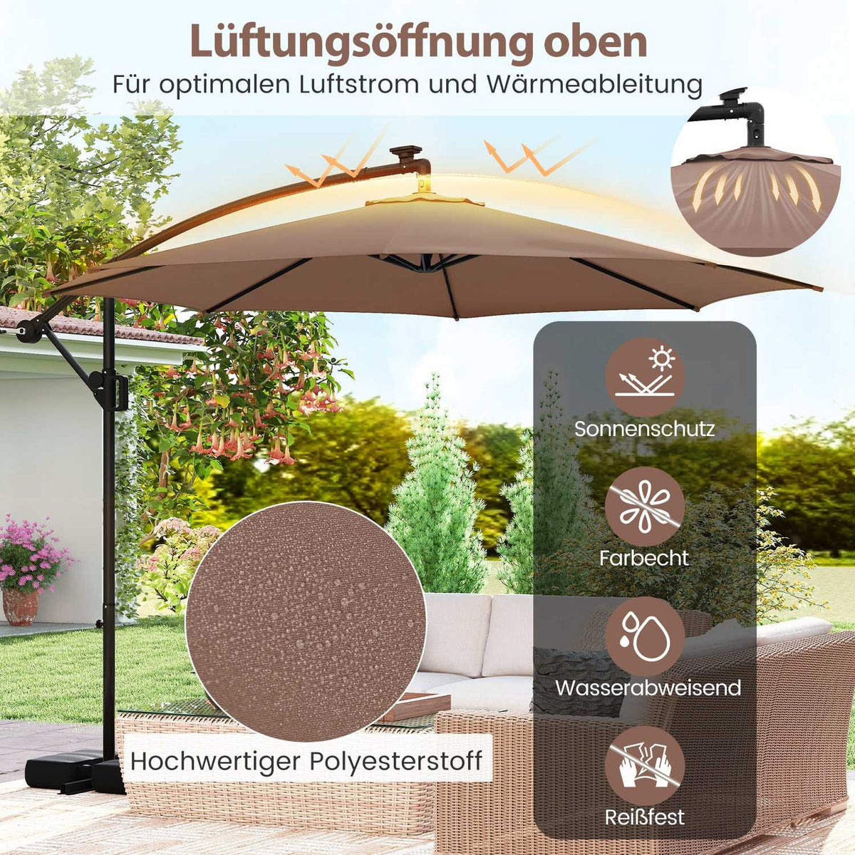 300 cm Cantilever Umbrella with LED Lights, Adjustable Tilt