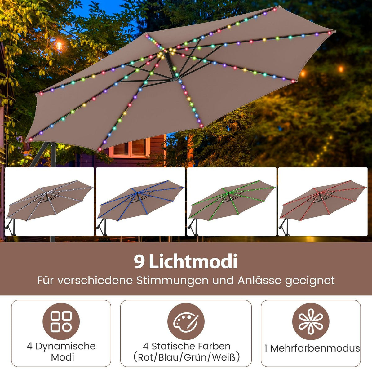 300 cm Cantilever Umbrella with LED Lights, Adjustable Tilt